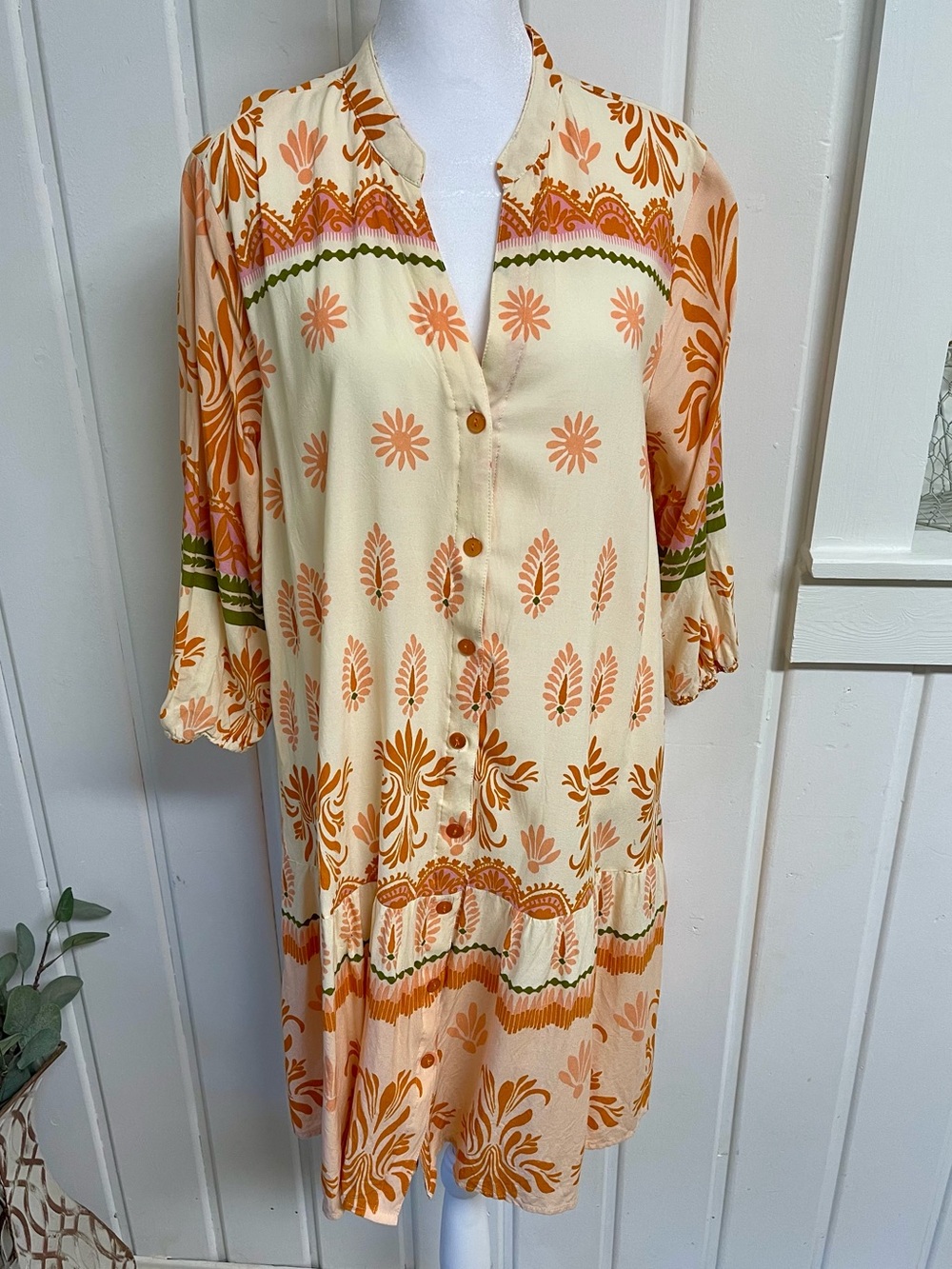 Mlle Gabrielle Boho Border Print Button Front Rayon Tiered Dress Size L